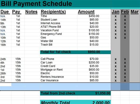 Bill Payment Schedule | Excel Bill Payment Schedule » Template Haven