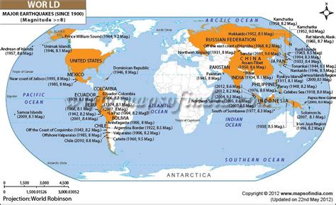 Map depicting major earthquakes in the world since 1900 of magnitude >=8. | Major earthquakes ...