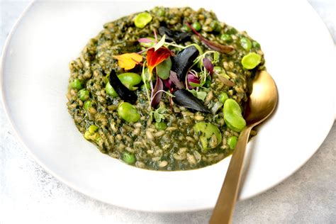 Spring Green Risotto With Black Garlic 356 cal, 10g protein in 1/4 recipe (with brown rice ...