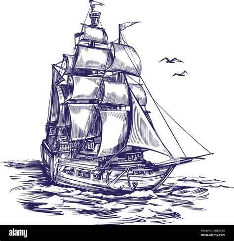 retro old Ship vintage hand drawn vector illustration realistic sketch Stock Vector Image & Art ...