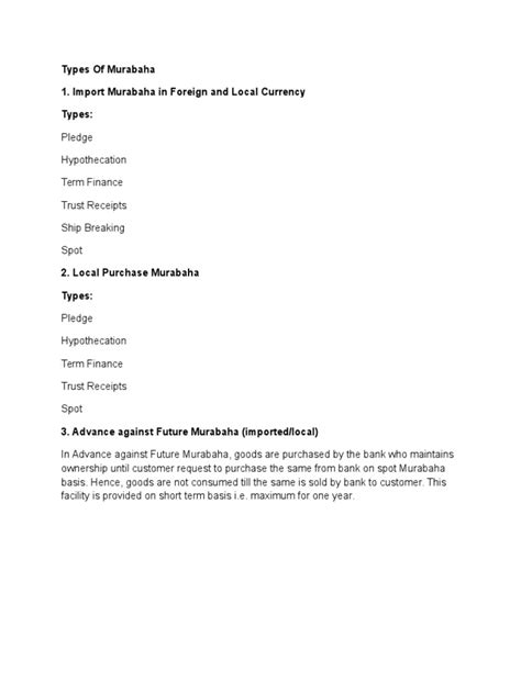 Types of Murabaha 1. Import Murabaha in Foreign and Local Currency Types | PDF