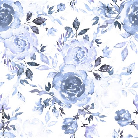 Seamless pattern with blue flowers and leaves on white background, watercolor floral pattern ...