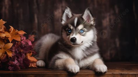 Husky Puppy With Blue Eyes And Flowers On Wood Table Background, Pomsky Pictures Background ...