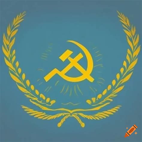 Flag of kazakhstan featuring blue, gold, and white colors with a hammer and sickle and eagle symbol