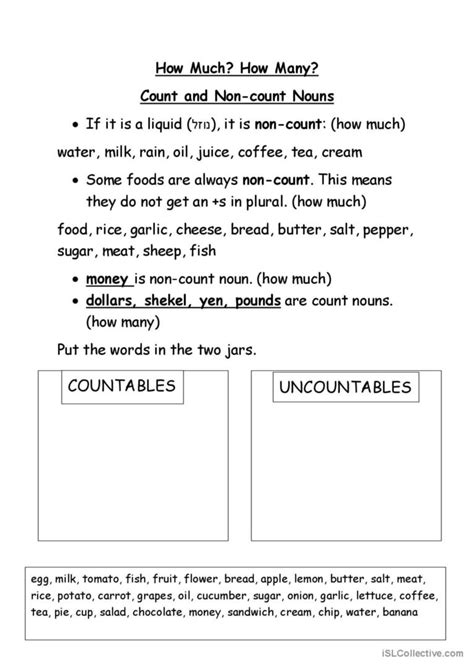 Count or Non-count nouns: English ESL worksheets pdf & doc