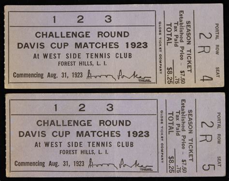 Lot Detail - 1923 Davis Cup Challenge Round Tickets Stubs - Lot of 2