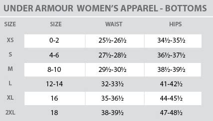 Under Armour - Size Chart - Women - Bottoms | Lion's Pride