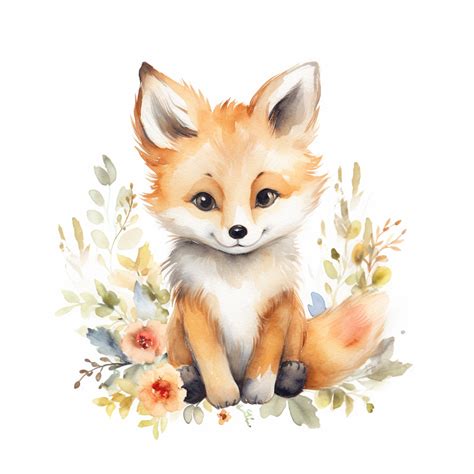 watercolor spring baby fox woodland creature on white backgroung, nursery decor, baby shower ...