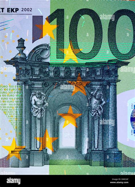 100 Euro banknote, Baroque and Rococo architecture, 2002 under UV light ...