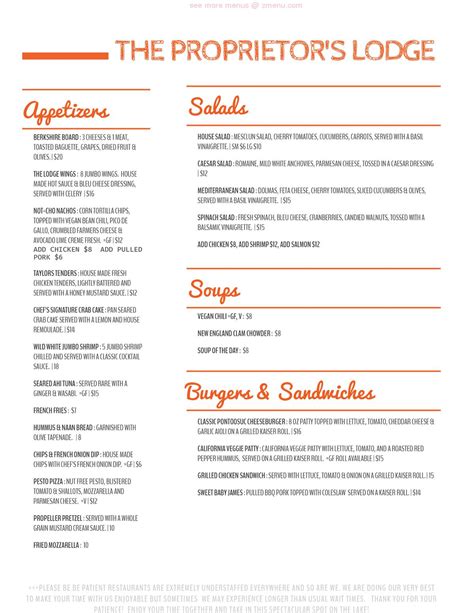 Menu at The Lodge Lakefront Dining restaurant, Grafton