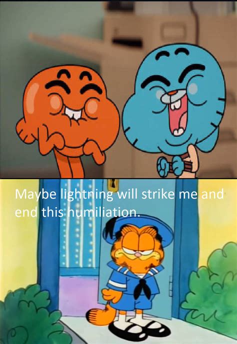 Gumball and Darwin laughing at Garfield by FrankensteinPlutie on DeviantArt