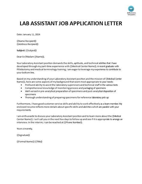 Lab Assistant Job Application Letter | Templates at ...