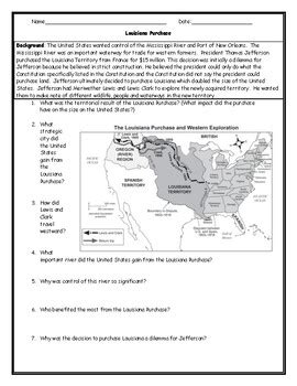 Louisiana Purchase Map Worksheet with Answer Key by JMR History | TpT