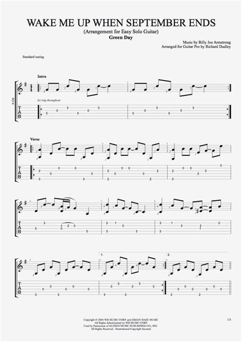 Wake Me Up When September Ends by Green Day - Easy Solo Guitar Guitar Pro Tab | mySongBook.com