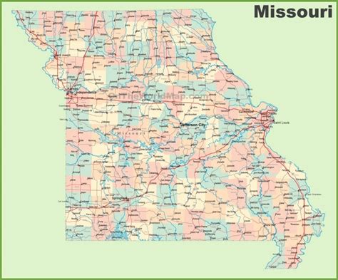 Road map of Missouri with cities