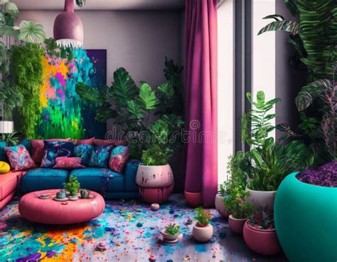 Plasticine Living Room with Sofa, Plants and Painting, Paint Drips ...