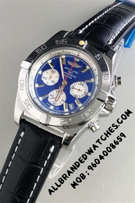 Breitling Chronomat Blue Dial and Black Leather Strap Watch - ALLBRANDEDWATCHES.COM