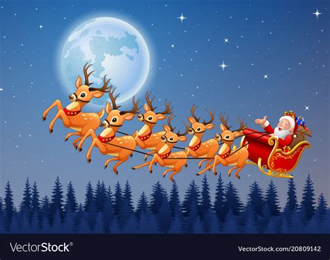 Santa rides reindeer sleigh flying in the sky Vector Image