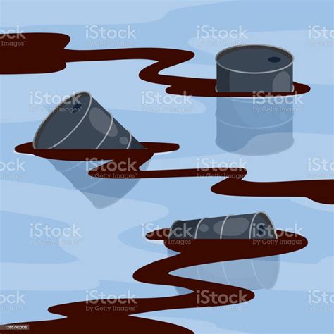 Barrel In Water Spilled Fuel And Gasoline Ocean Pollution Flat Cartoon ...