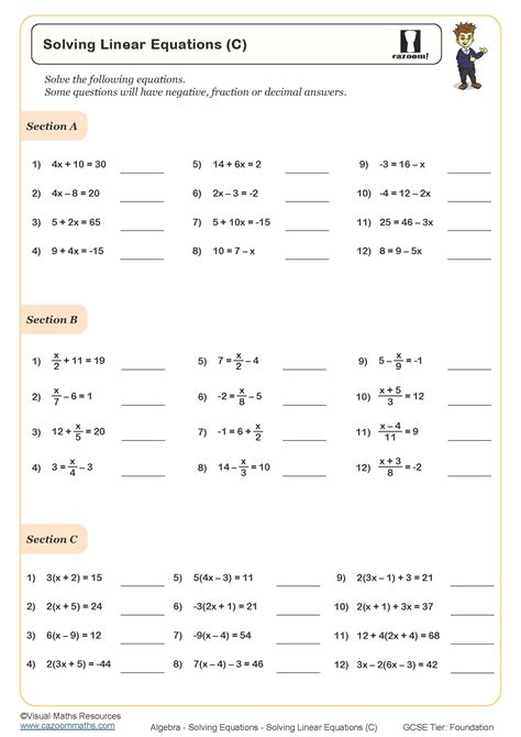 Solving Linear Equations (C) Worksheet | Printable Maths Worksheets