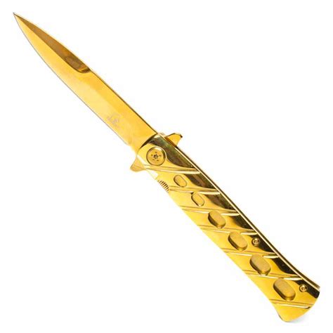 Modern Metallic Gold Pocket Knife - Gold Colored Folding Stiletto - Assisted Open Golden Spear ...