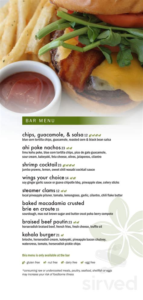 Plumeria Beach House menu in Honolulu, Hawaii, USA