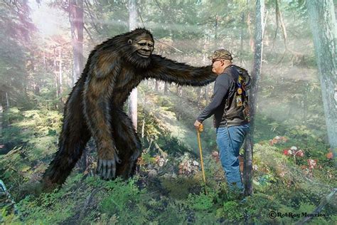 a man standing next to a giant gorilla in the forest