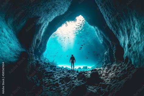 person with scuba diving swims through underwater cave while freediving ...