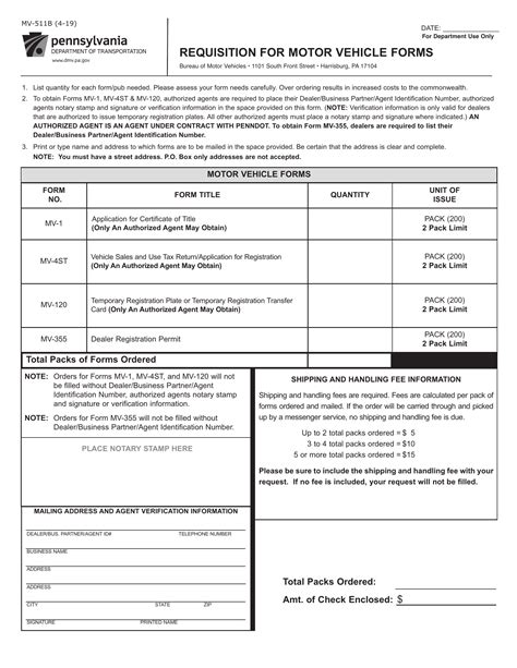 PA DMV Form MV-511B. Requisition for Motor Vehicle Forms | Forms - Docs ...