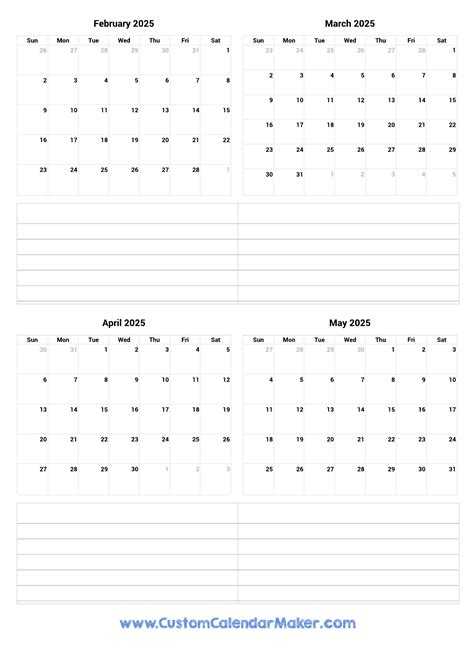 February to May 2025 Printable Calendar