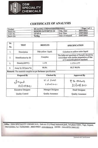 2-Amino Thiophenol at best price in Valsad by DSM Speciality Chemicals | ID: 25226785288