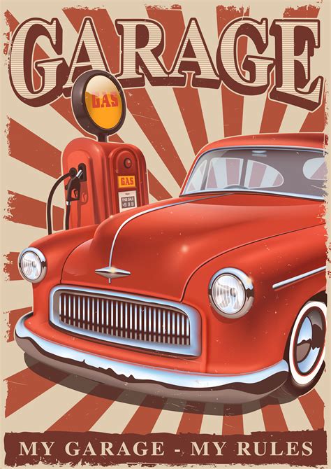 Vintage poster with classic car and old gas pump. 539368 Vector Art at ...