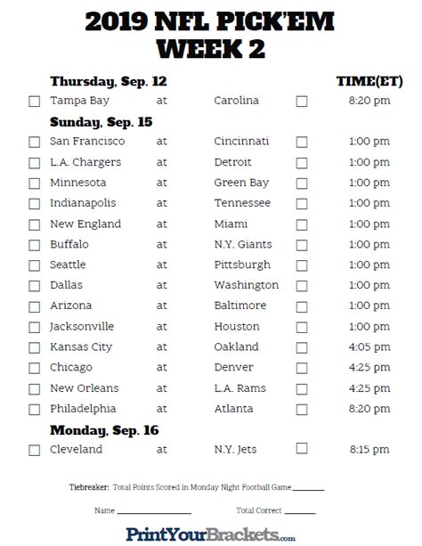 Printable NFL Week 2 Schedule Pick em Pool 2019 | Printable nfl schedule, Nfl football games ...