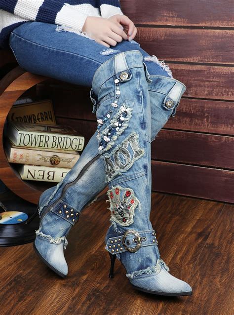 Fashion Women Denim Boots Thin High Heel Knee High Boots Rhinestone Beading Botas Winter Warm ...