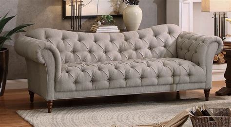 8469-3 Traditional Brown Almond Fabric Sofa Couch Tufting Rolled Arm ...