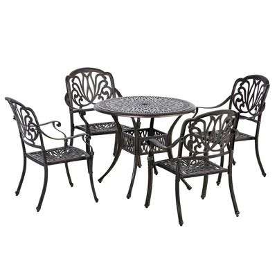 Outsunny Outdoor Furniture Cast Aluminum Dining Set For 4, Round Patio Table And Chairs W ...