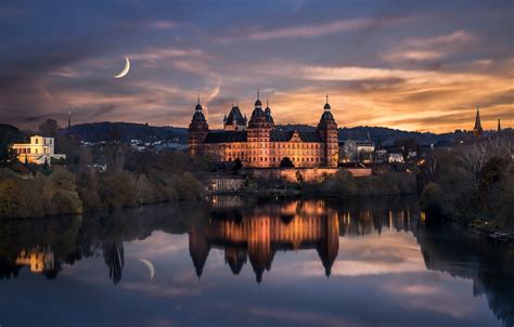 Wallpaper water, reflection, night, the city, castle, the moon, Germany ...