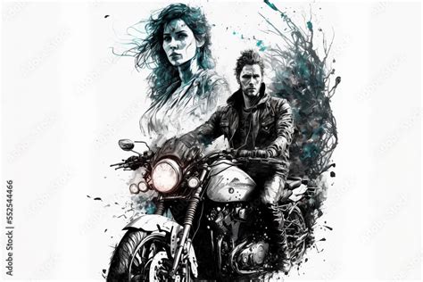 Motorcycle riders bikers black and white silhouette, creative digital painting Stock ...