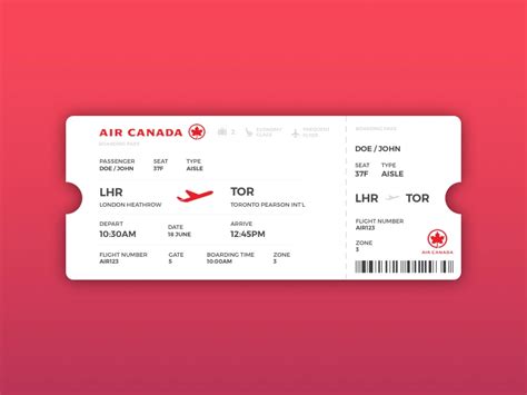 a red and white air canada ticket on a pink background