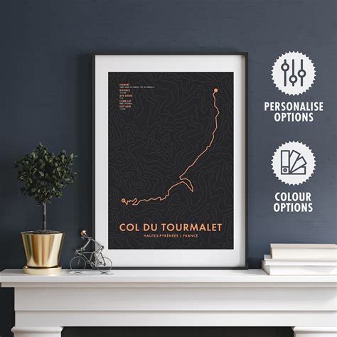 Col Du Tourmalet Cycling Route Map Poster Personalisation & Colour Options Bicycle Wall Art ...