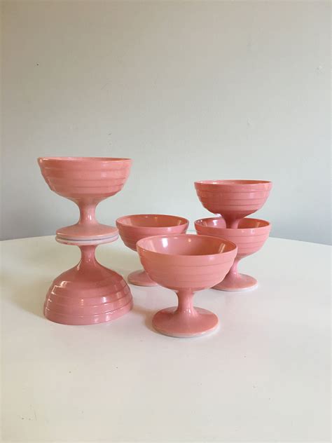 Vintage Hazel Atlas Moderntone Platonite Pink Footed Bowls, Set of 6, Mid Century Modern Dessert ...