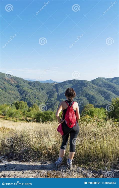 Equipped Woman Hiking in a High Autumn Mountain Stock Image - Image of ...