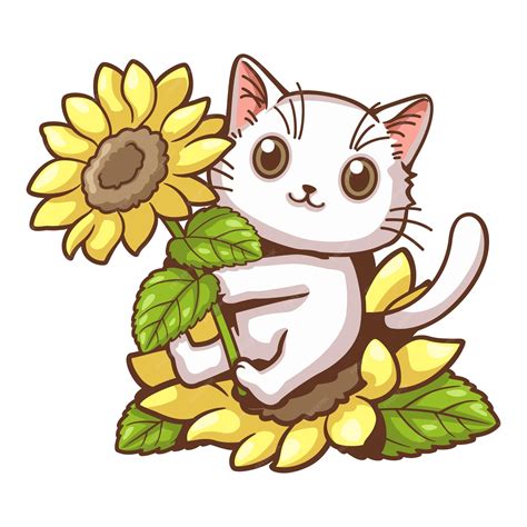 Premium Vector | Cute cat and sunflower cartoon little white cat sits ...