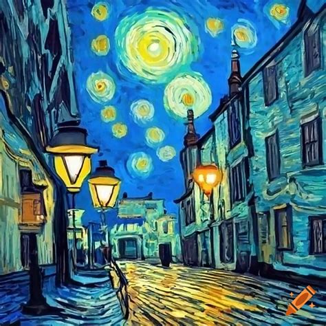 Surrealistic street scene with blue lamps
