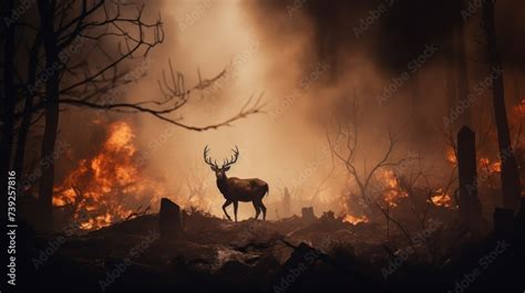 billows of smoke from fires in an In the forest, Wild animals running ...