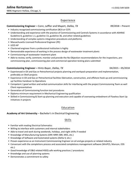 Commissioning Engineer Resume Samples | Velvet Jobs