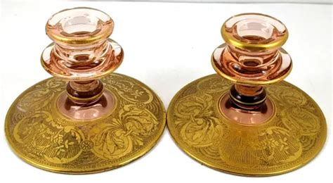 PAIR VINTAGE PINK Depression Glass Gold Overlay Art Deco Candle Stick ...