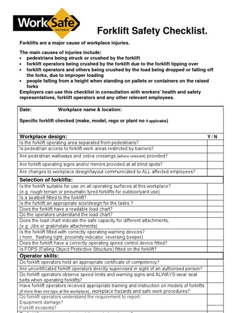 Printable Forklift Safety Checklist