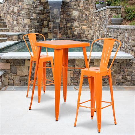 Commercial Grade 23.75" Square Orange Metal Indoor-Outdoor Bar Table Set with 2 Stools with Backs