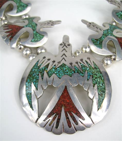 Native American Peyote Bird Chip Inlay Squash Blossom Necklace Sterling ...